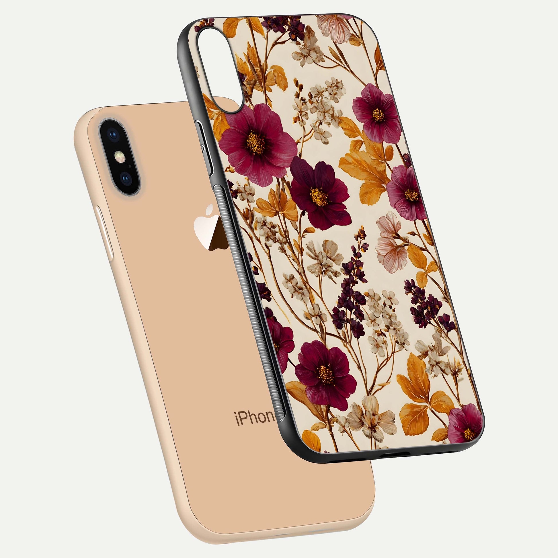 Autumn Wine Bloom Glass Case for iPhone 16 Pro floating mockup with premium floral gradient and protection edge