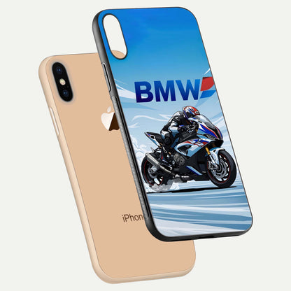 BMW Power Drift Glass Case for iPhone Xs Max floating mockup displaying bold drift artwork and glossy polish