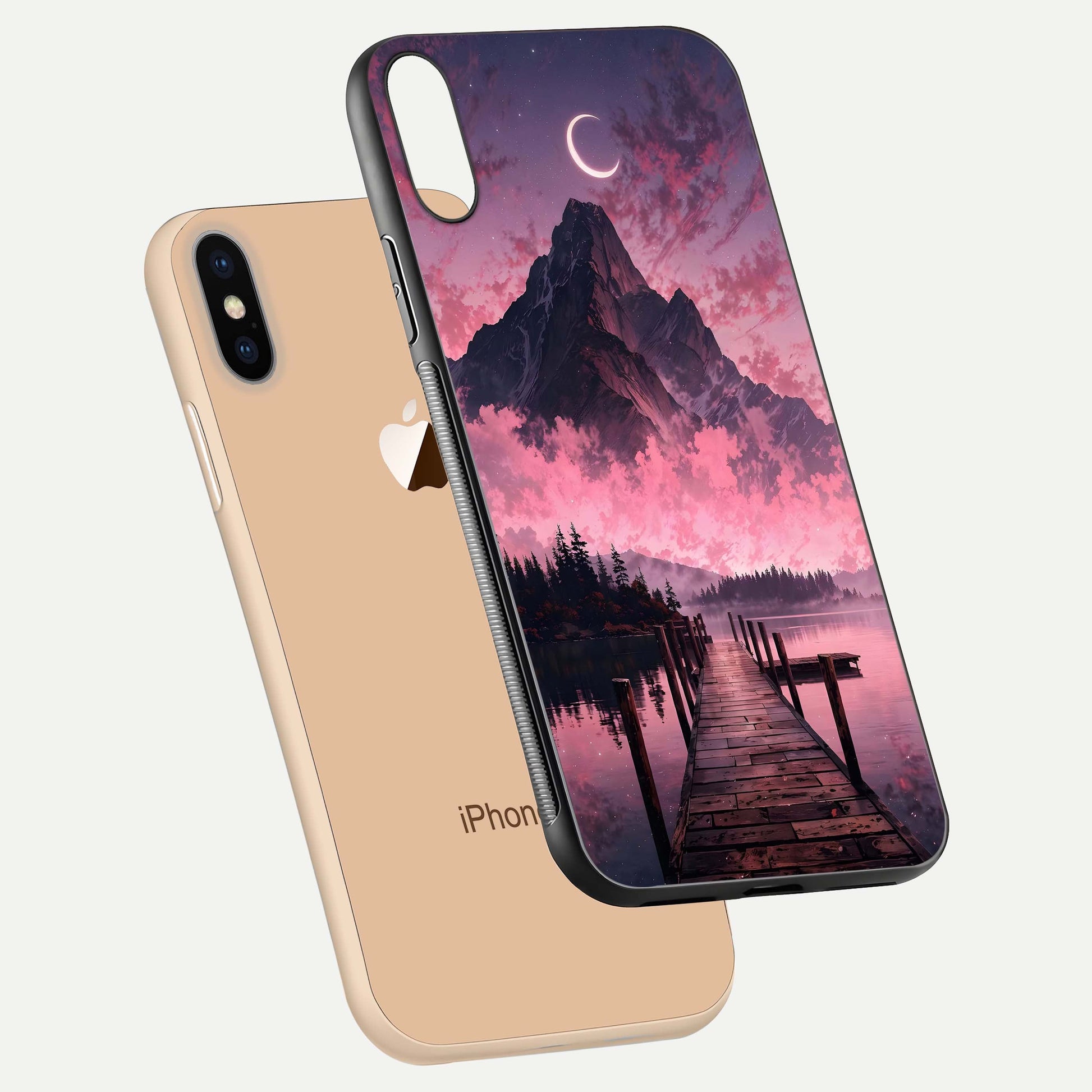 Beautyful Mountain View Glass Case for iPhone Xs Max floating dual mockup showing edges and reflective sky print