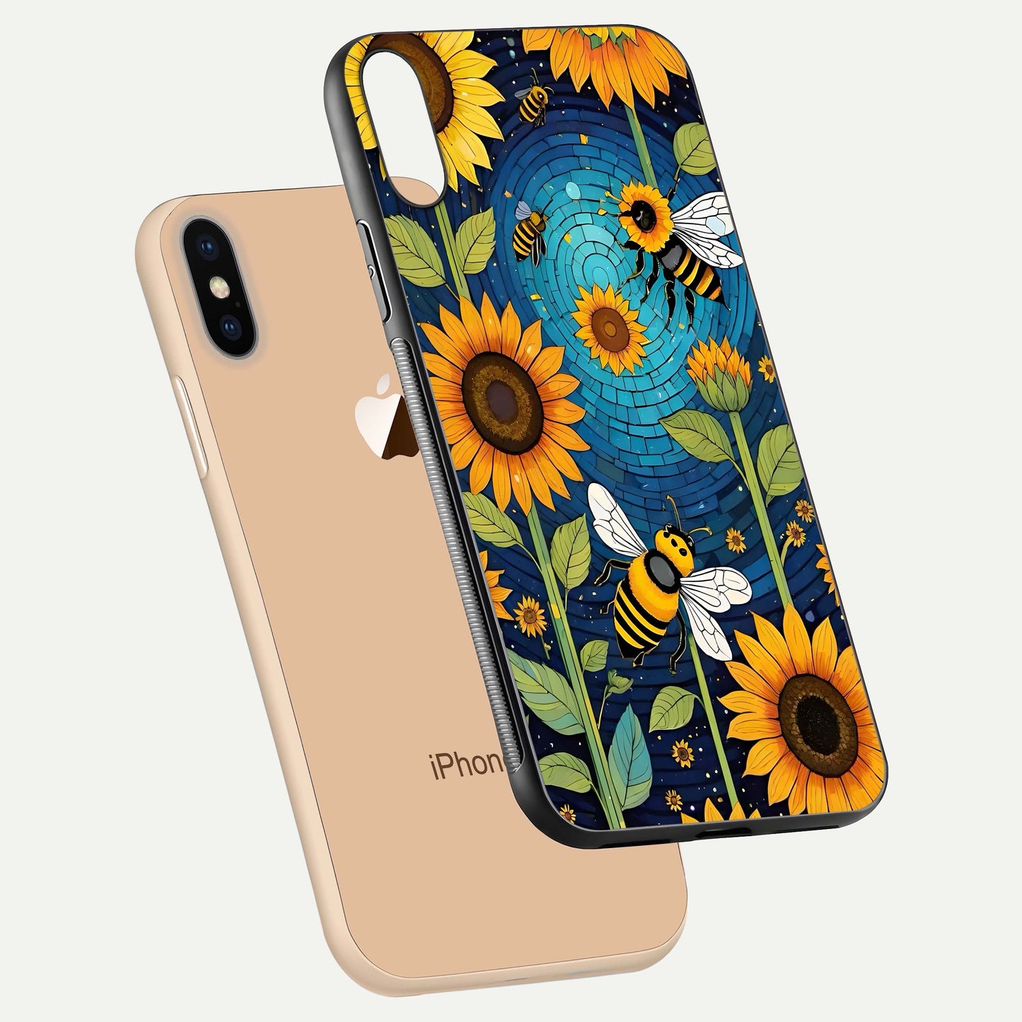 Bees & Sunflowers Glass Case for iPhone Xs Max floating dual-view mockup displaying vibrant yellow tones and gloss texture