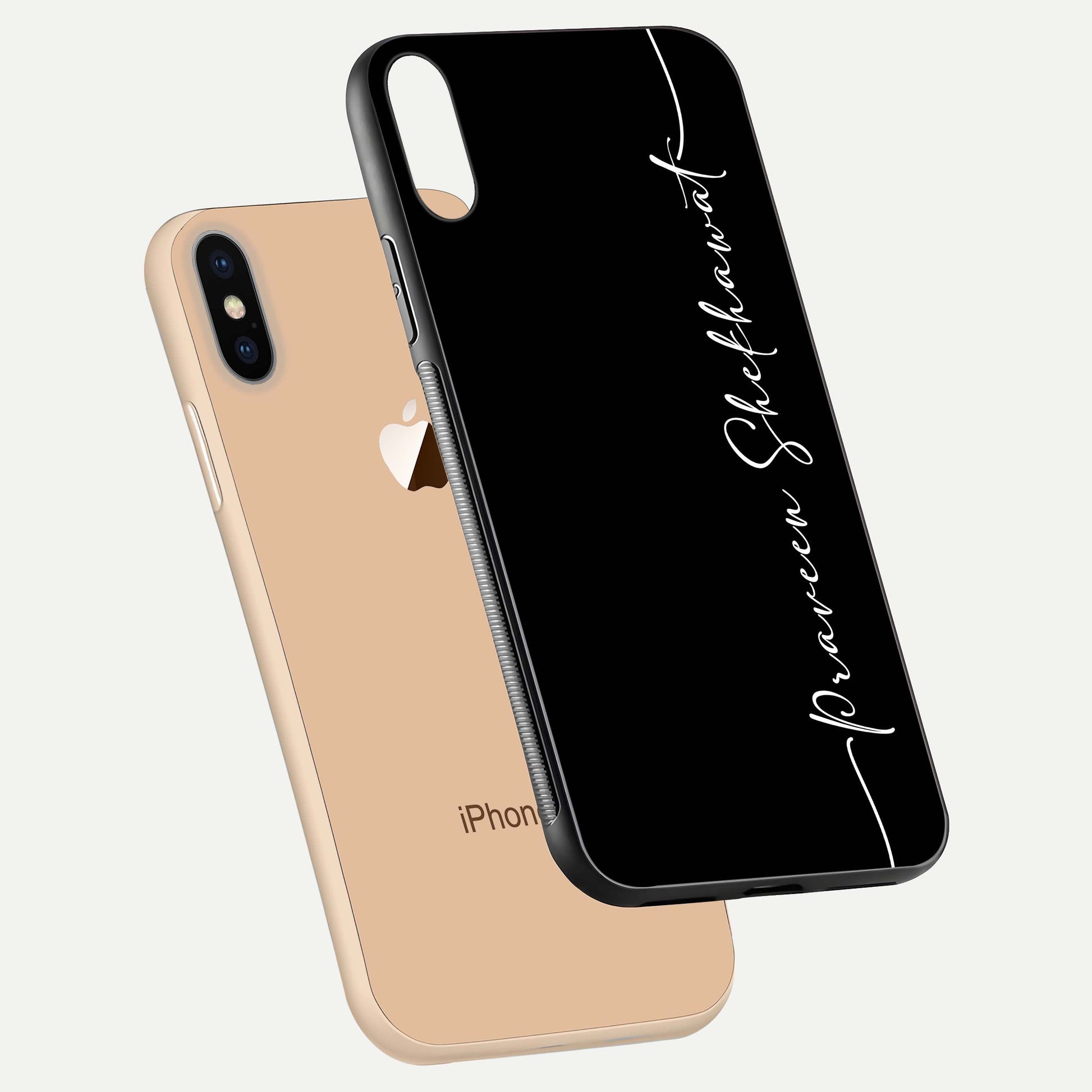Black Tune Custom Name Glass Case for iPhone Xs Max floating dual-view mockup emphasizing modern glossy texture