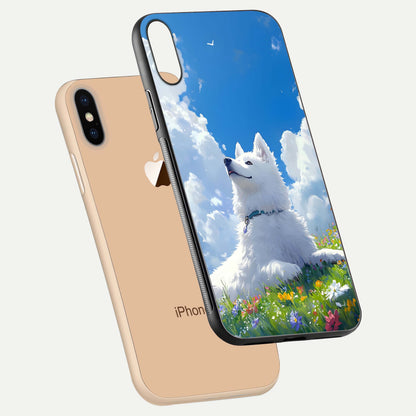 Blissful Cloud Pup Glass Case for iPhone Xs Max floating mockup capturing playful aesthetic and gloss finish