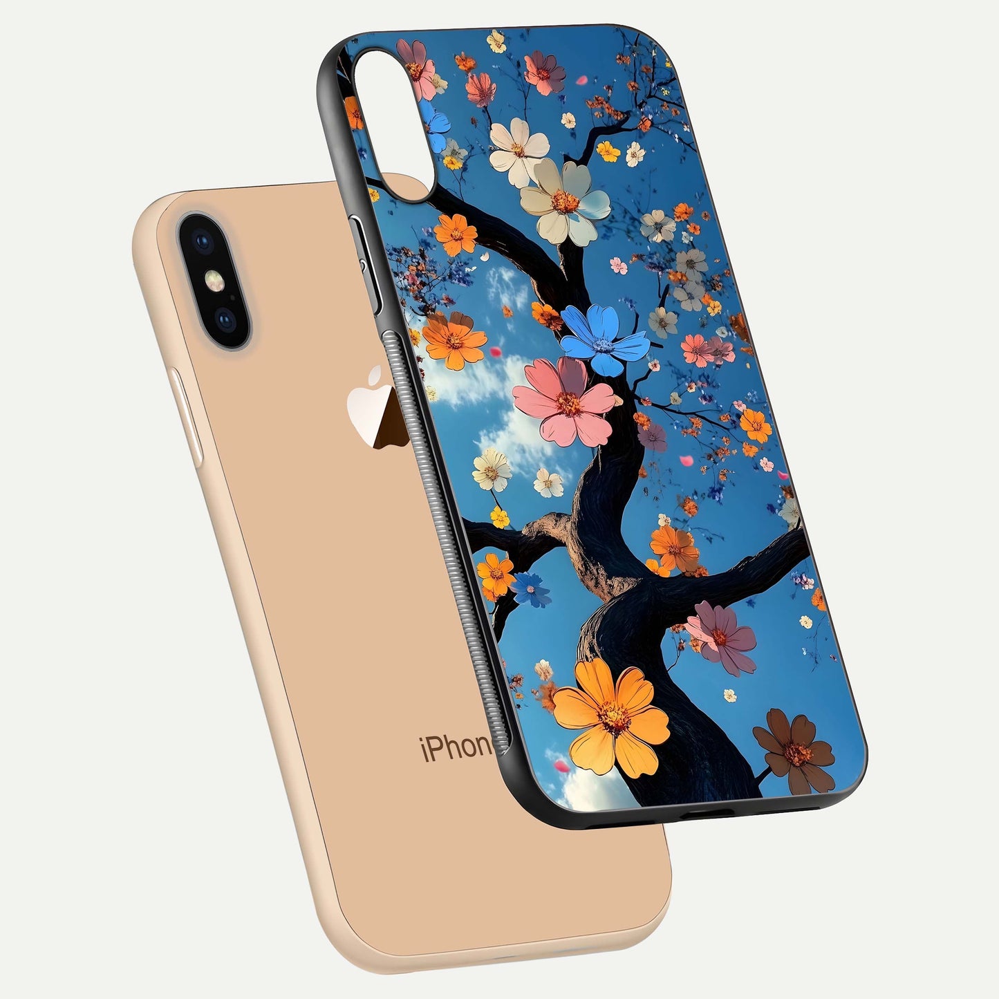 Blossom Dream Sky Glass Case for iPhone Xs Max floating dual-mockup displaying smooth finish and elegant sky tones