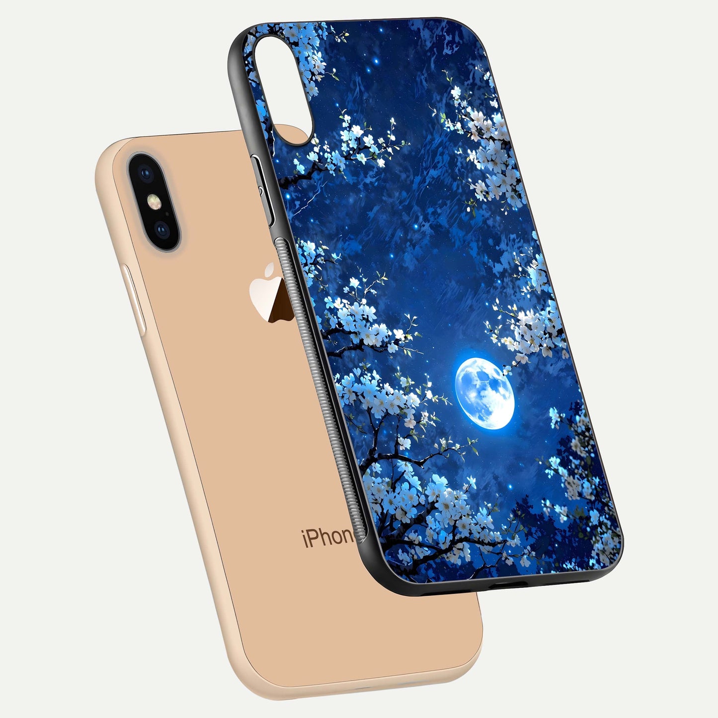Blossom Moonlight Sky Glass Case for iPhone Xs Max floating mockup showing glowing moon accent and HD gloss texture