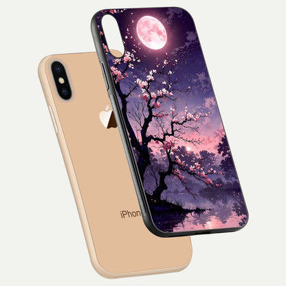 Blossom Pink Moon Glass Case for iPhone Xs Max floating mockup emphasizing dreamy pink moon aura and smooth finish