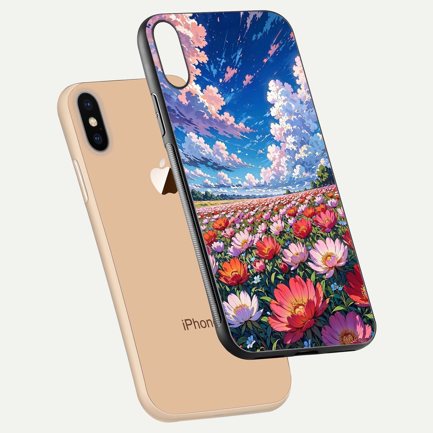 Blossom Sky Field Glass Case for iPhone Xs Max floating mockup displaying sky bloom concept with smooth finish