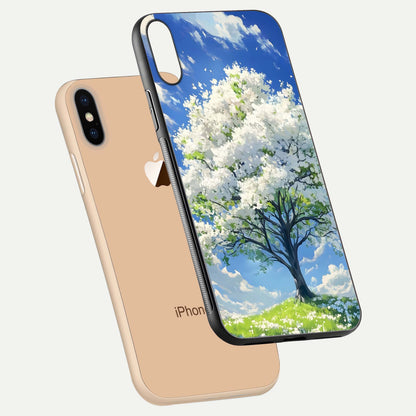 Blossom Sky Serenity Glass Case for iPhone Xs Max floating mockup capturing gloss surface and tranquil design