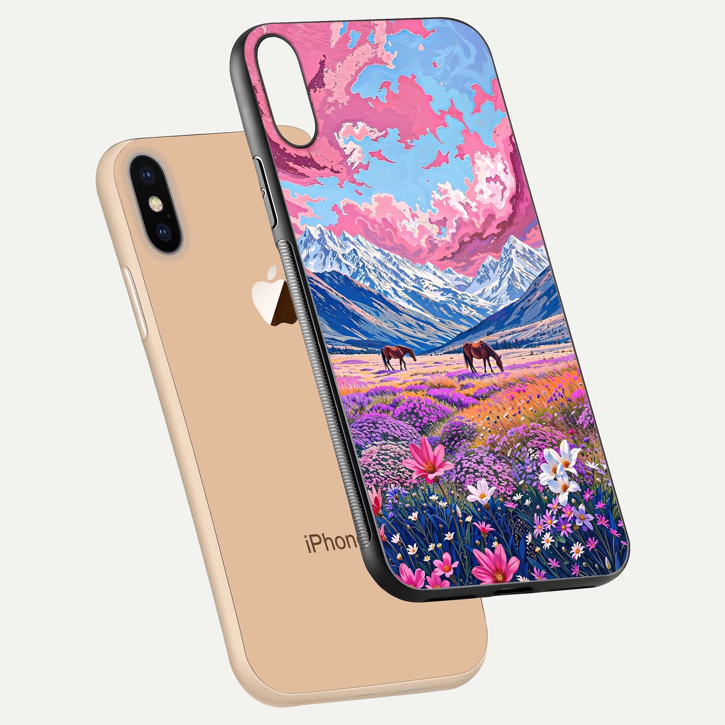 Blossom Valley Dream Glass Case for iPhone Xs Max floating mockup showing floral valley blend and reflective surface