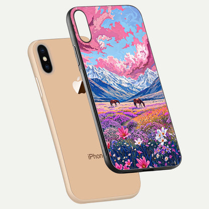 Blossom Valley Dream Glass Case for iPhone Xs Max floating mockup showing floral valley blend and reflective surface