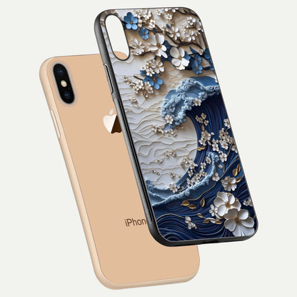 Blossom Wave Art Glass Case for iPhone Xs Max floating mockup displaying pattern details and reflective shine