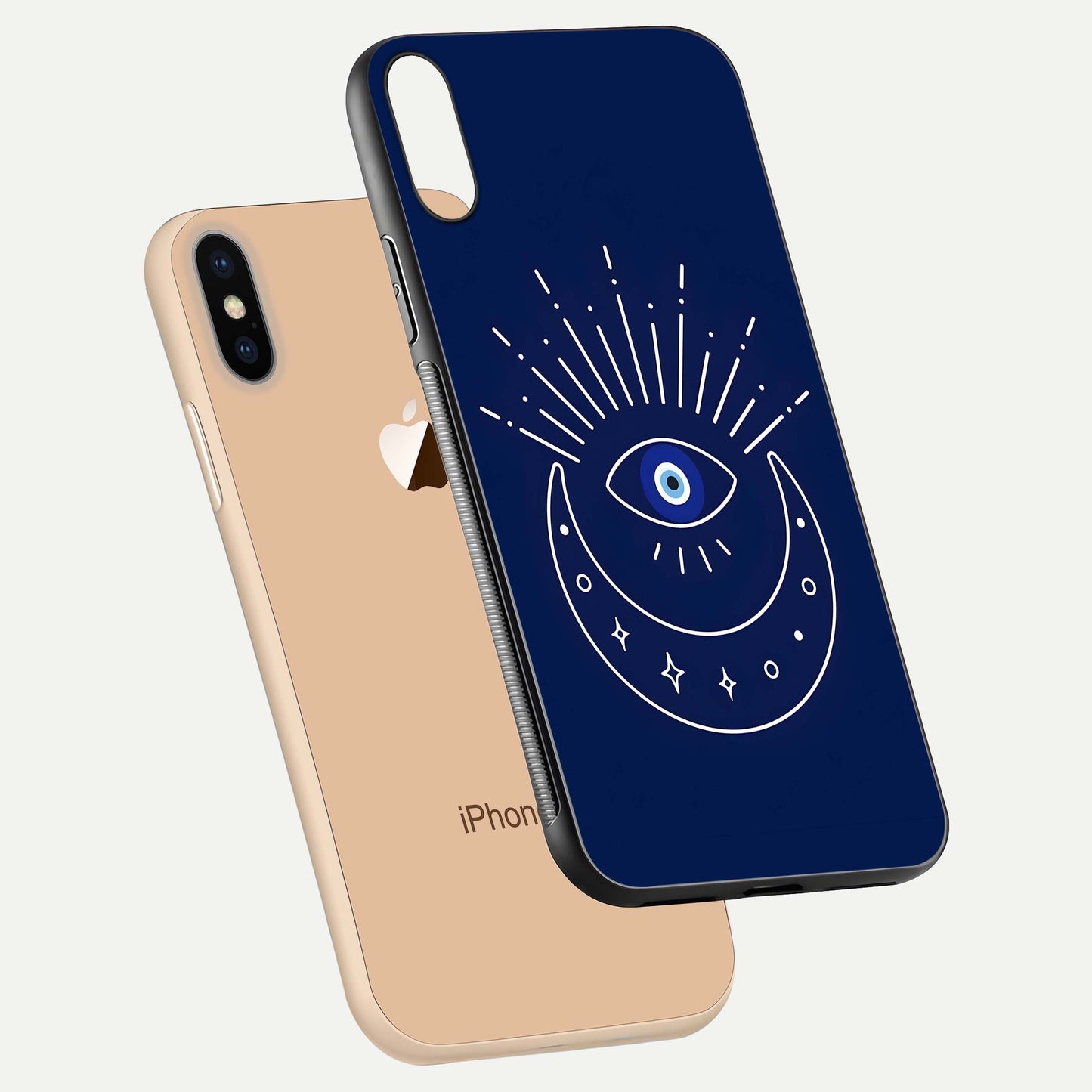 Blue Evil Eye Glass Case for iPhone Xs Max floating mockup displaying glossy protection and spiritual artwork