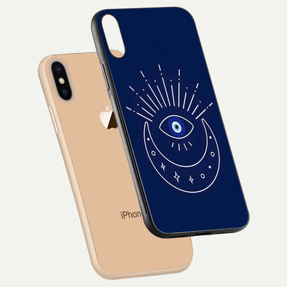 Blue Evil Eye Glass Case for iPhone Xs Max floating mockup displaying glossy protection and spiritual artwork