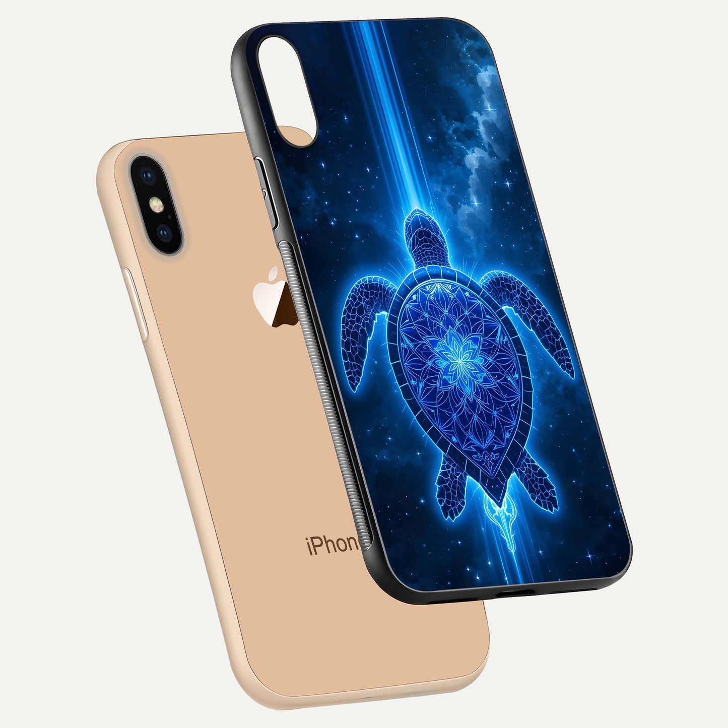 Blue Galaxy Turtle Glass Case for iPhone Xs Max floating dual-mockup showing gloss depth and color transitions