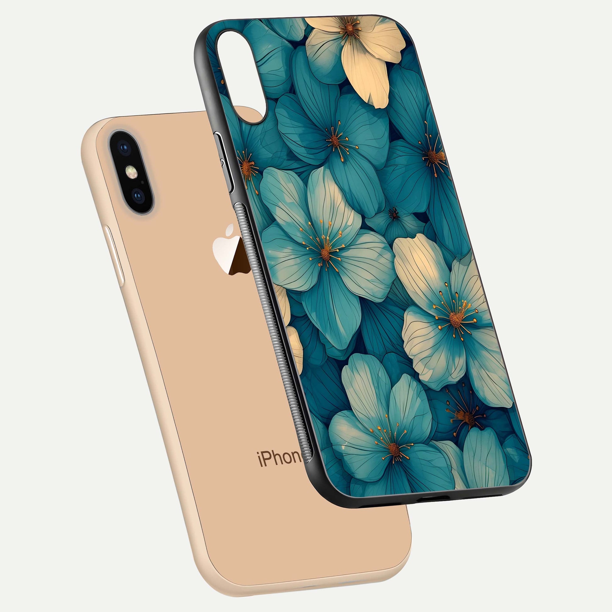 Blue Shade Floral Glass Case for iPhone Xs Max floating mockup revealing gloss highlight and floral depth