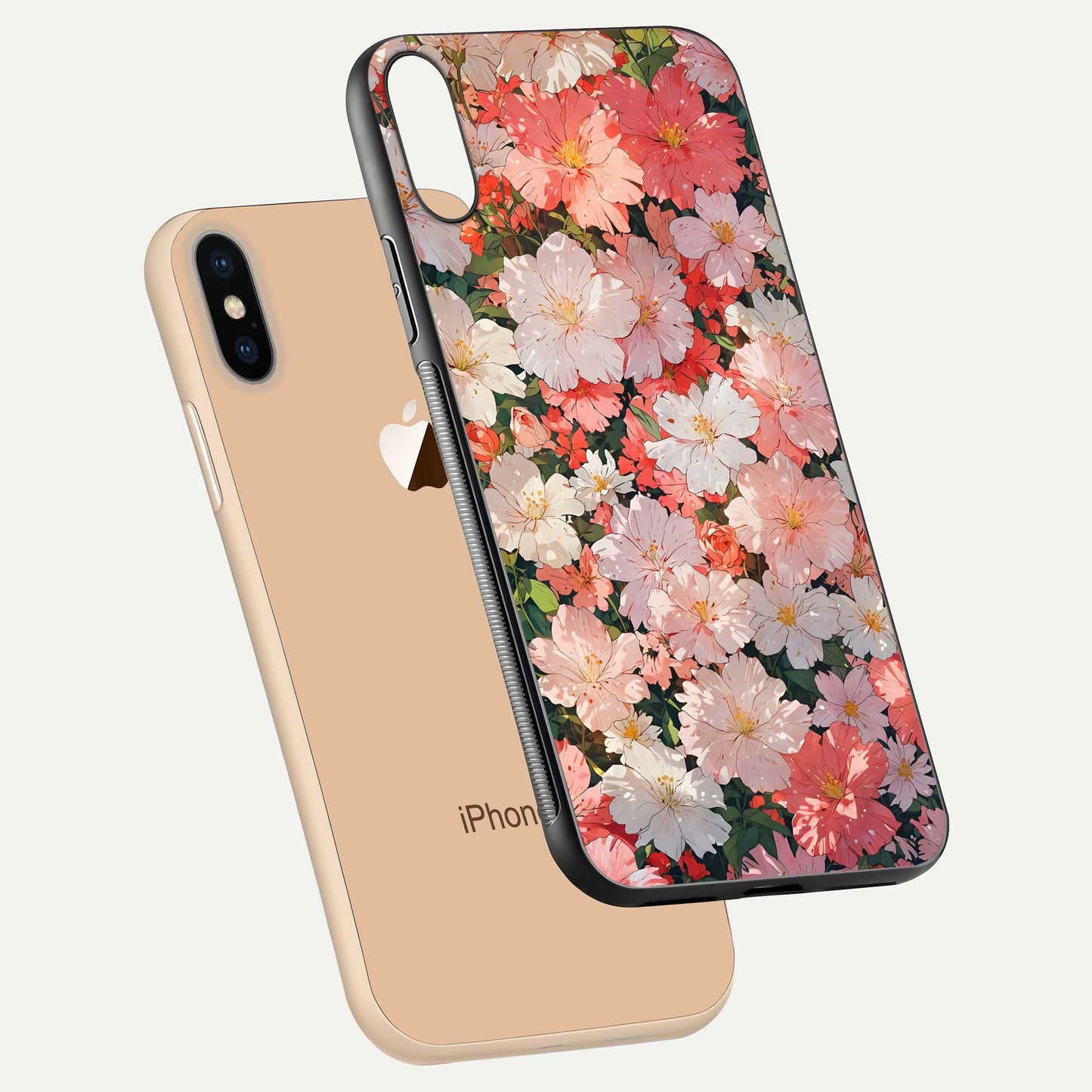 Blush Bloom Field Glass Case for iPhone Xs Max floating mockup highlighting floral spread and edge reflection