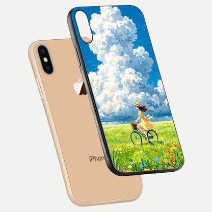 Breezy Meadow Ride Glass Case for iPhone Xs Max floating mockup capturing serene tones and smooth finish