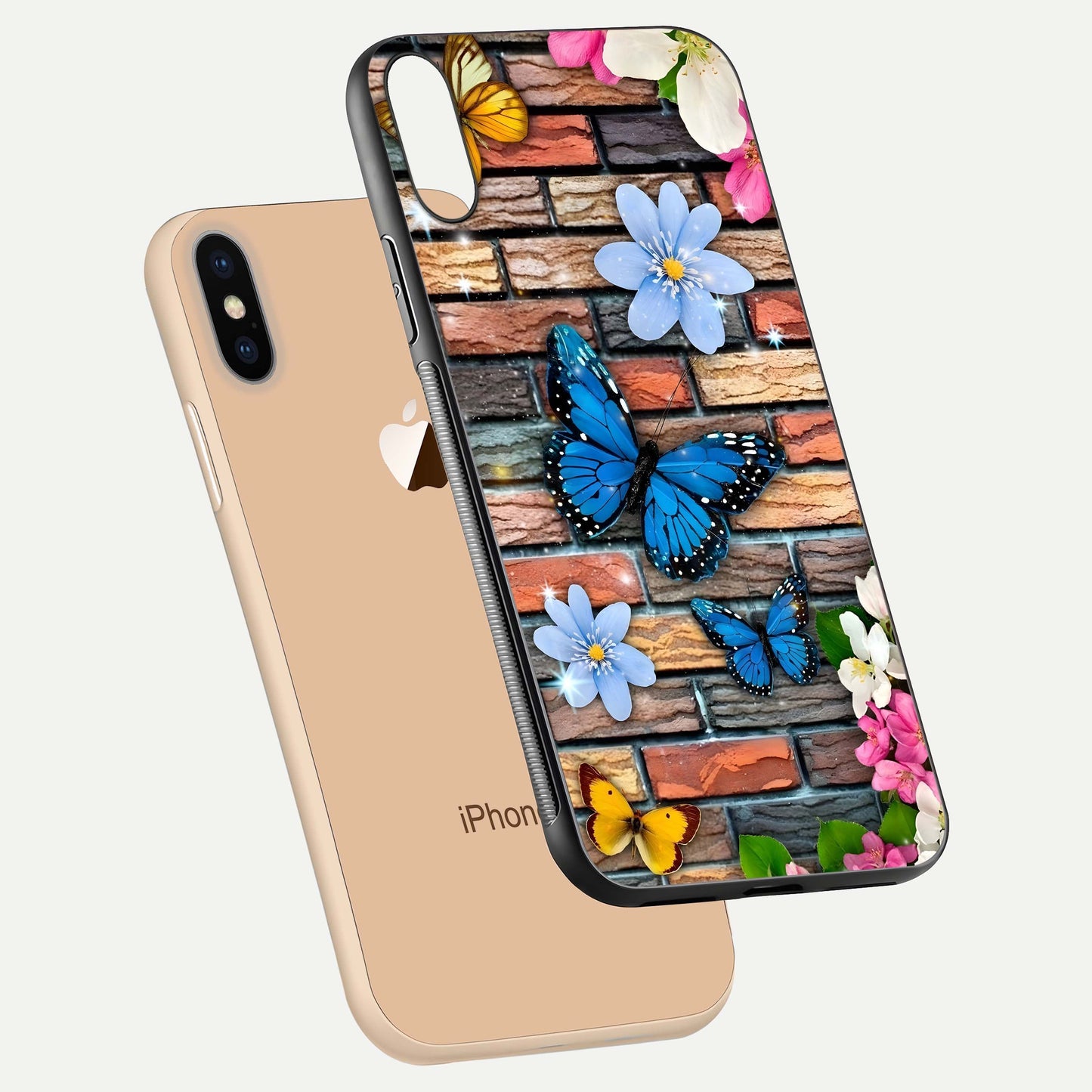 Brick Bloom Flight Glass Case for iPhone Xs Max floating mockup displaying gloss reflection and pattern vibrancy