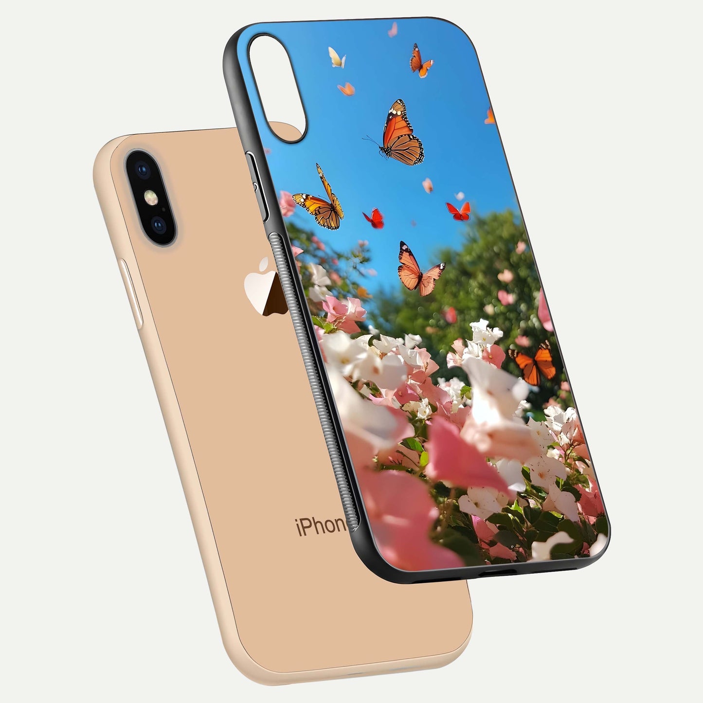 Butterflies in Bloom Sky Glass Case for iPhone Xs Max floating mockup capturing butterfly motion and edge design