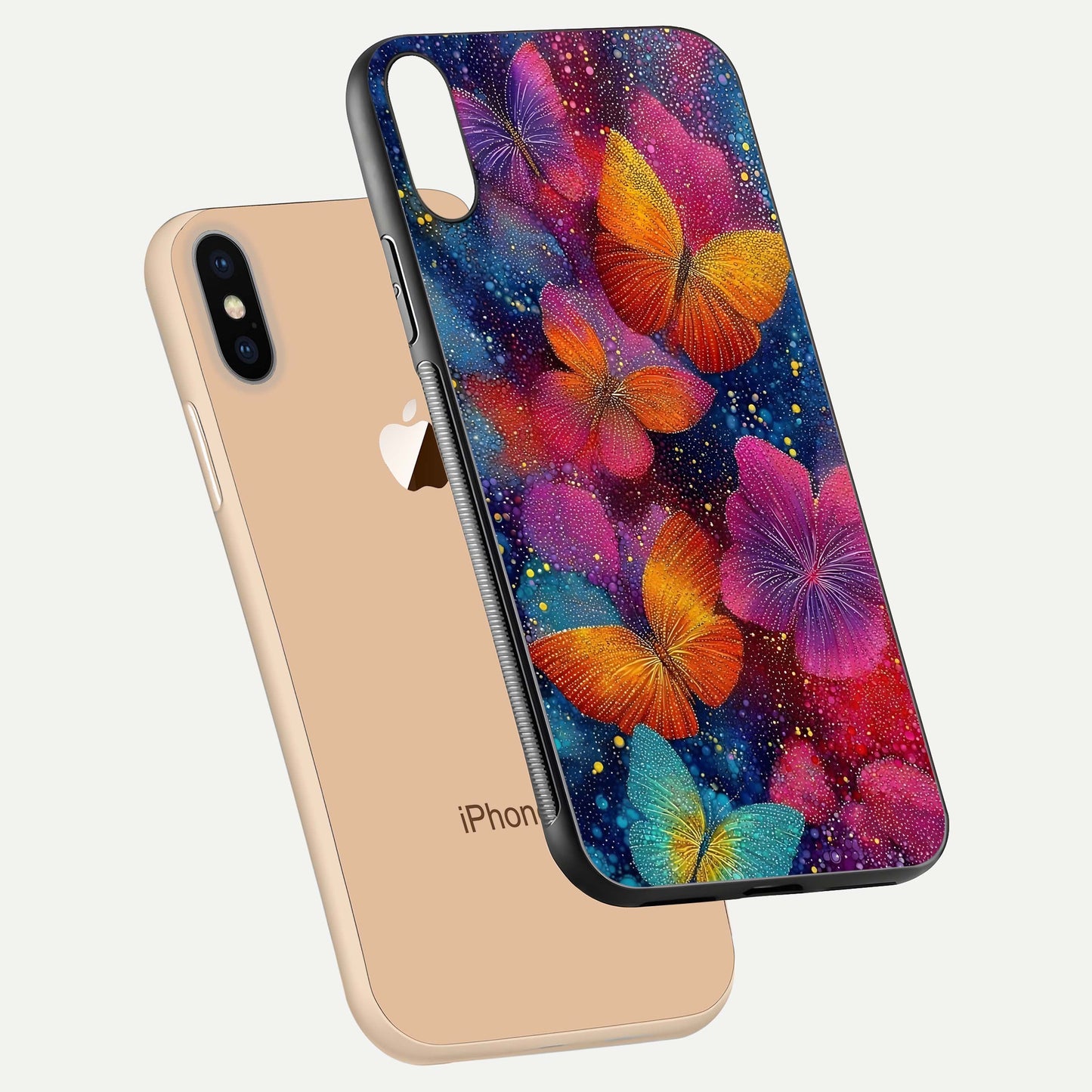 Butterfly Dream Mist Glass Case for iPhone Xs Max floating mockup displaying glass shine and ethereal art depth