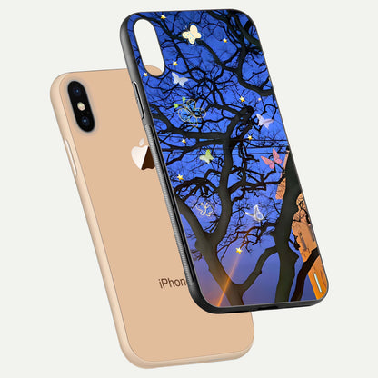 Butterfly Night Magic Glass Case for iPhone Xs Max floating mockup showing night glow and smooth polish