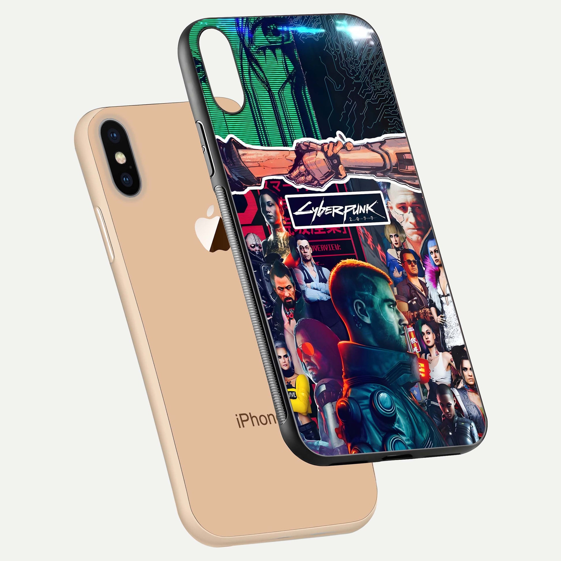 CYBERPUNK Legacy Glass Case for iPhone Xs Max floating mockup showing HD gloss and neon glow detail