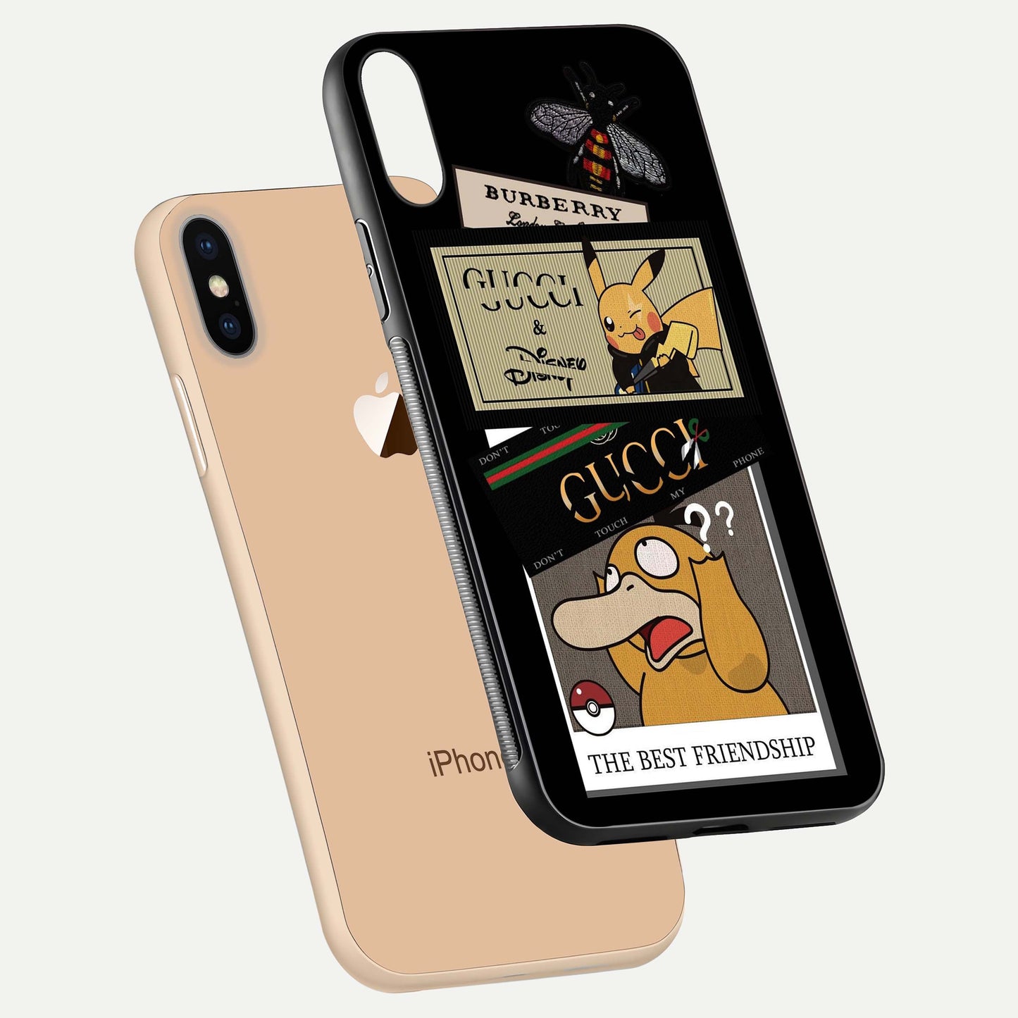 Cartoon Brand Play Mashup Glass Case for iPhone Xs Max floating dual-view mockup showing gloss surface and vivid reflection