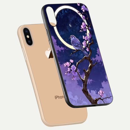 Celestial Bird Blossom Glass Case for iPhone Xs Max floating mockup showing cosmic floral tones and HD gloss