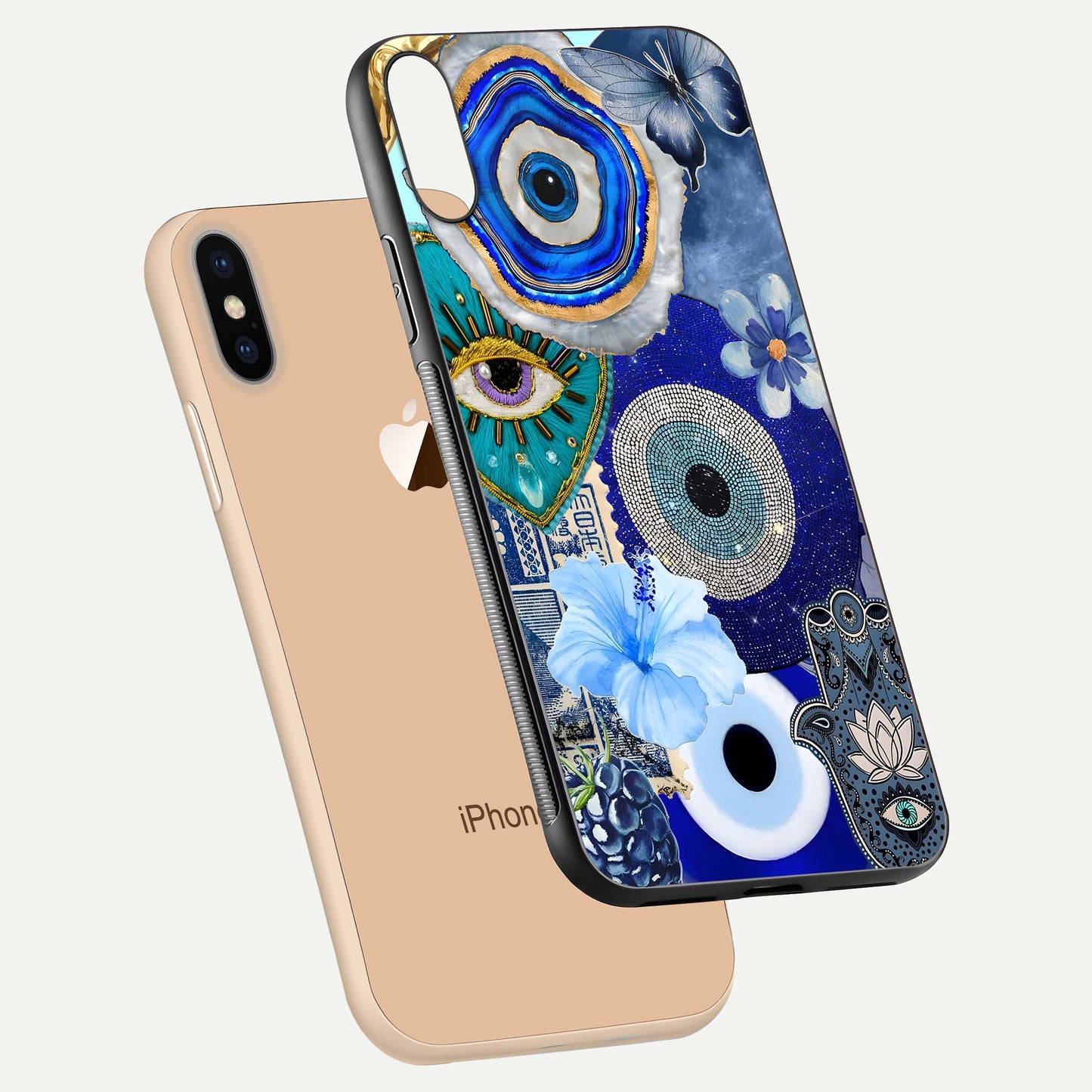 Celestial Blue Vision Glass Case for iPhone Xs Max floating mockup showing gloss depth and night-sky pattern