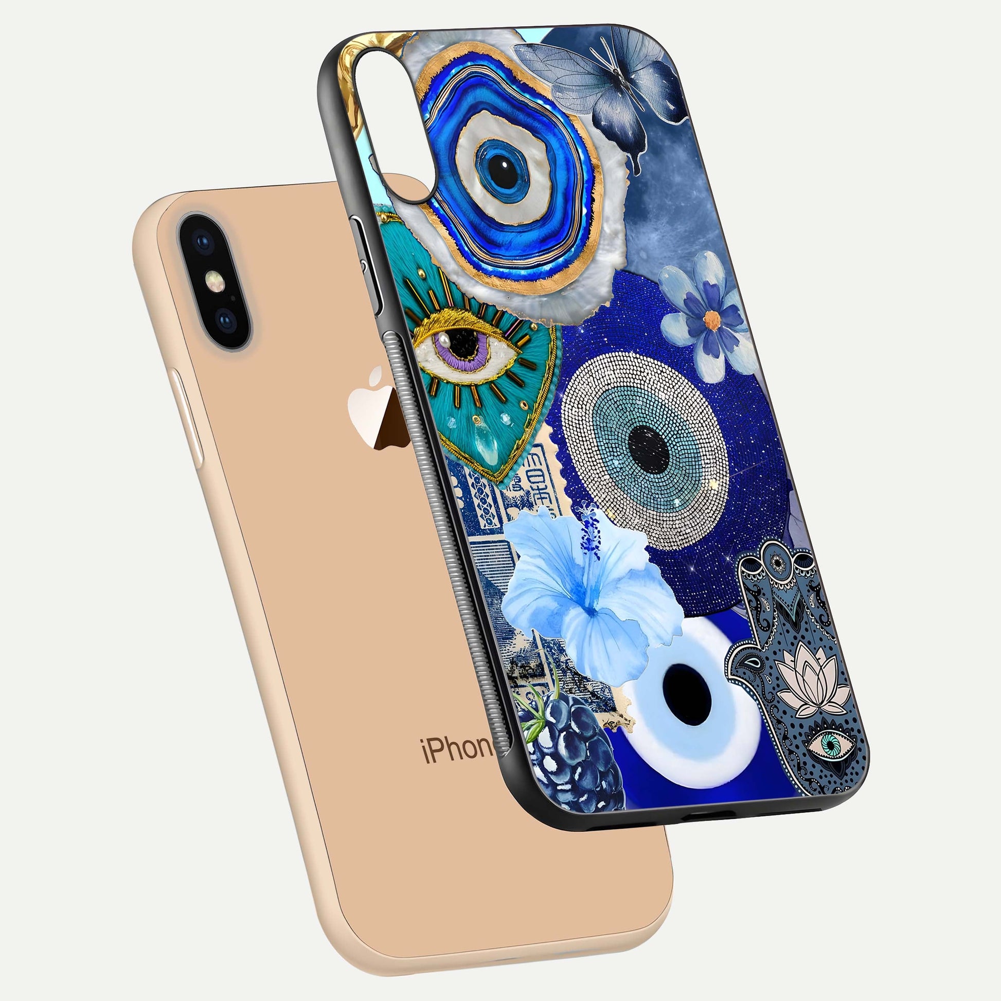 Celestial Blue Vision Glass Case for iPhone Xs Max floating mockup showing gloss depth and night-sky pattern