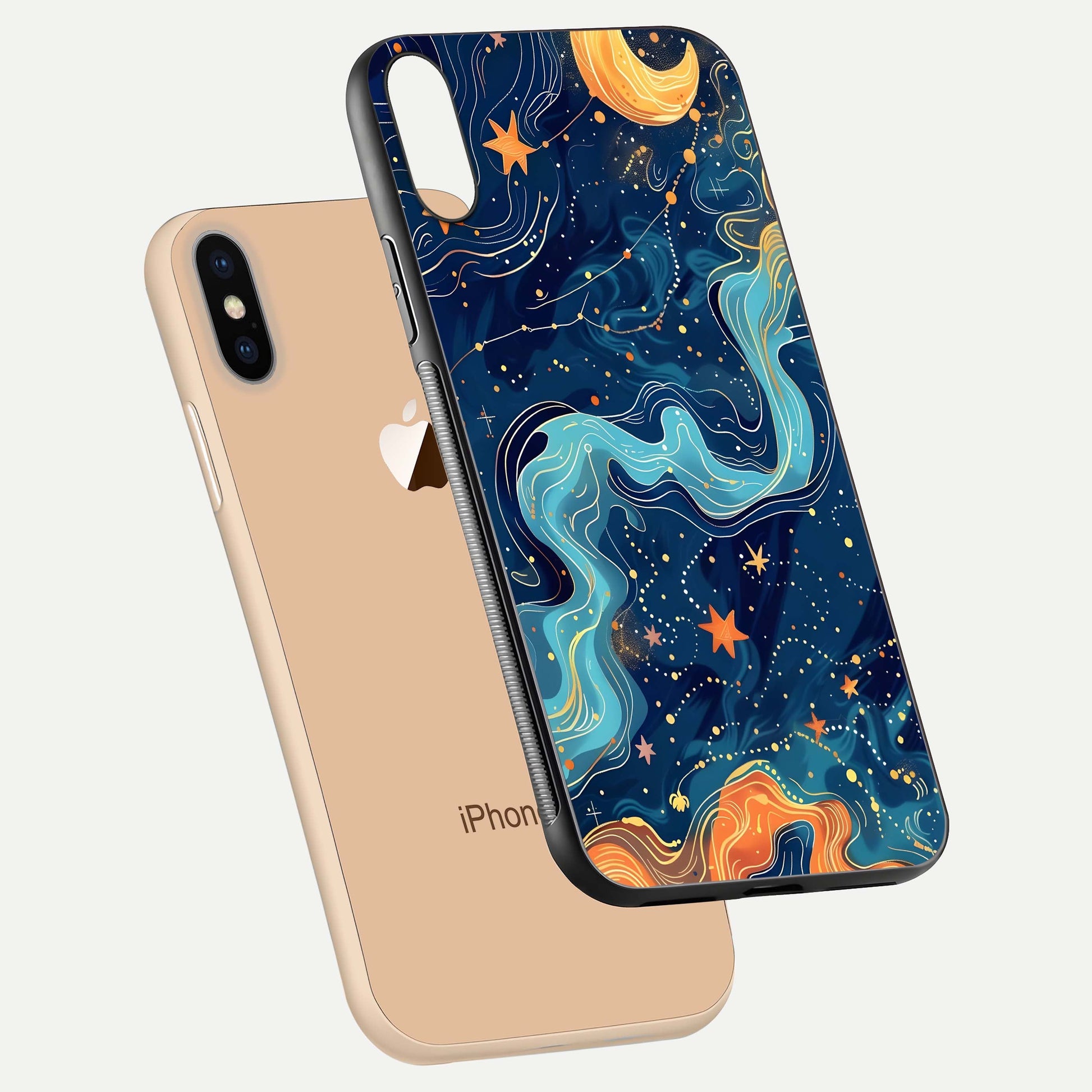 Celestial Dream Flow Glass Case for iPhone Xs Max floating mockup displaying gloss shimmer and artistic composition