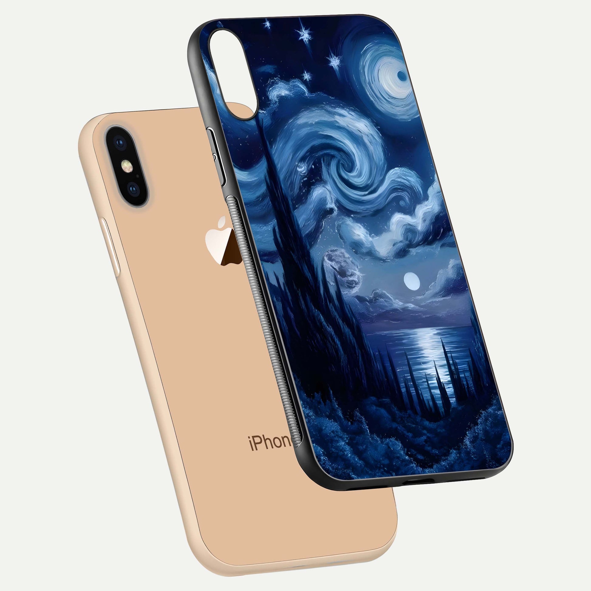 Celestial Dream Van Gogh Glass Case for iPhone Xs Max floating mockup highlighting cosmic tones and smooth gloss
