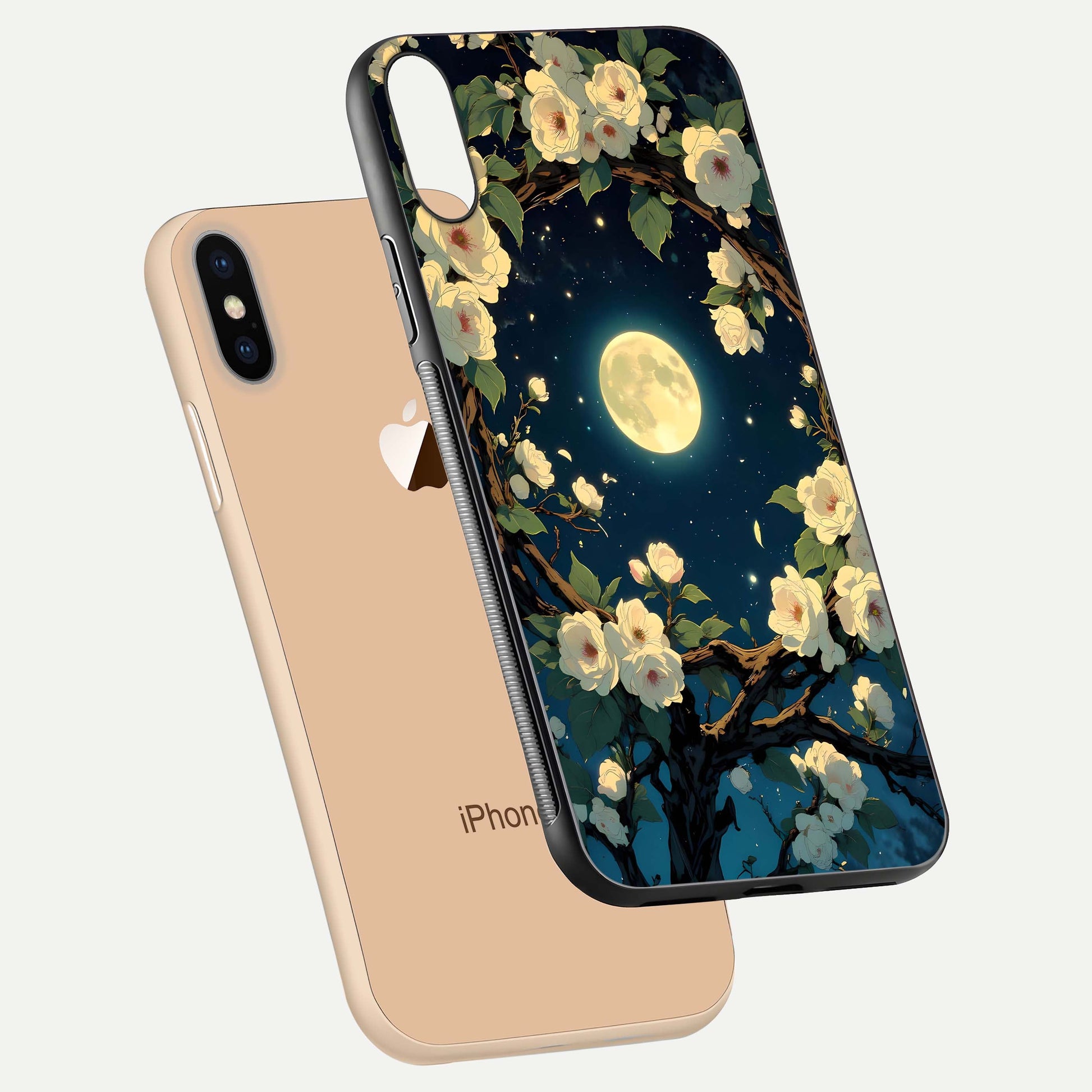 Celestial Moon & Flower Glass Case for iPhone Xs Max floating mockup emphasizing HD shine and delicate texture