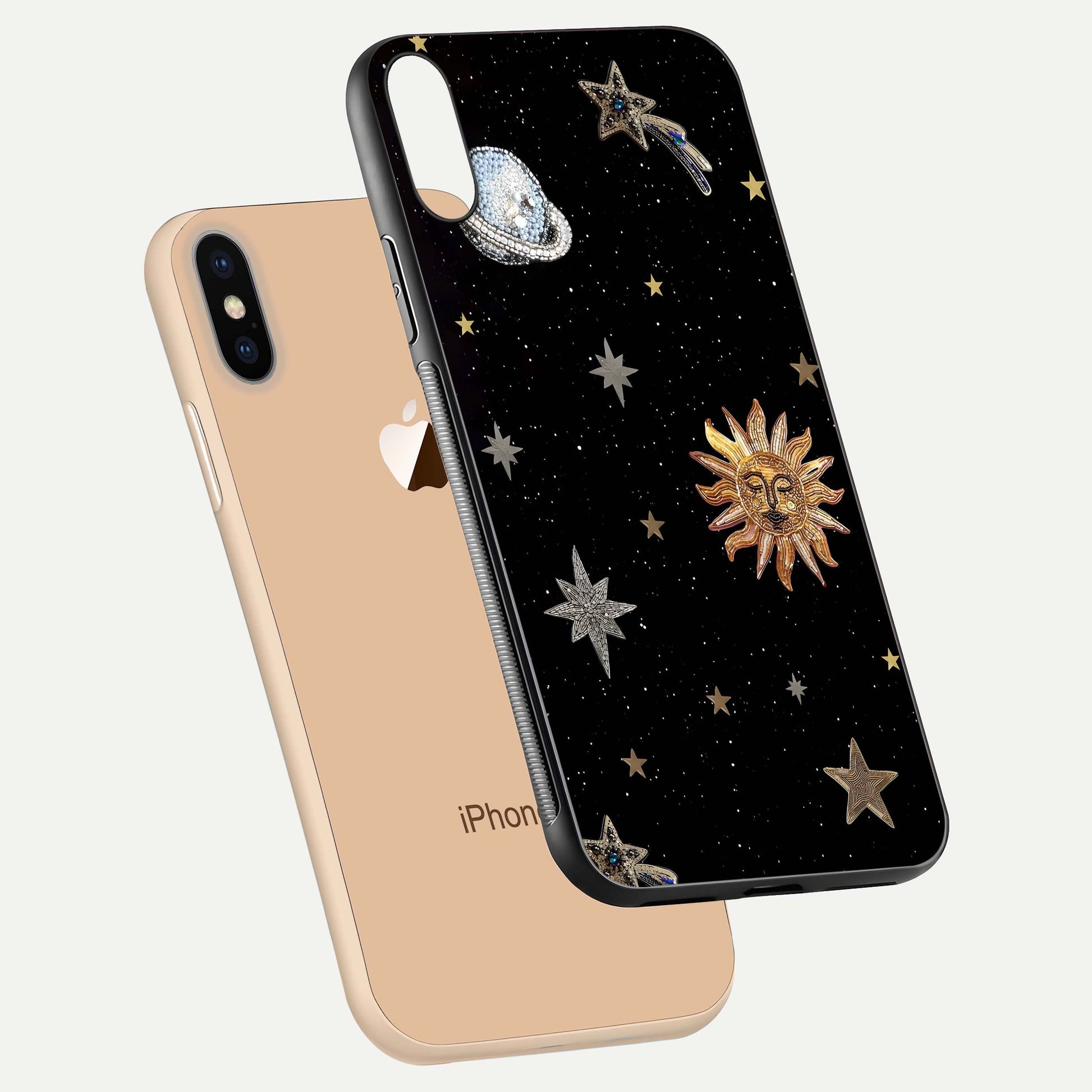 Celestial Moon With Stars Glass Case for iPhone Xs Max floating mockup emphasizing star depth and gloss clarity