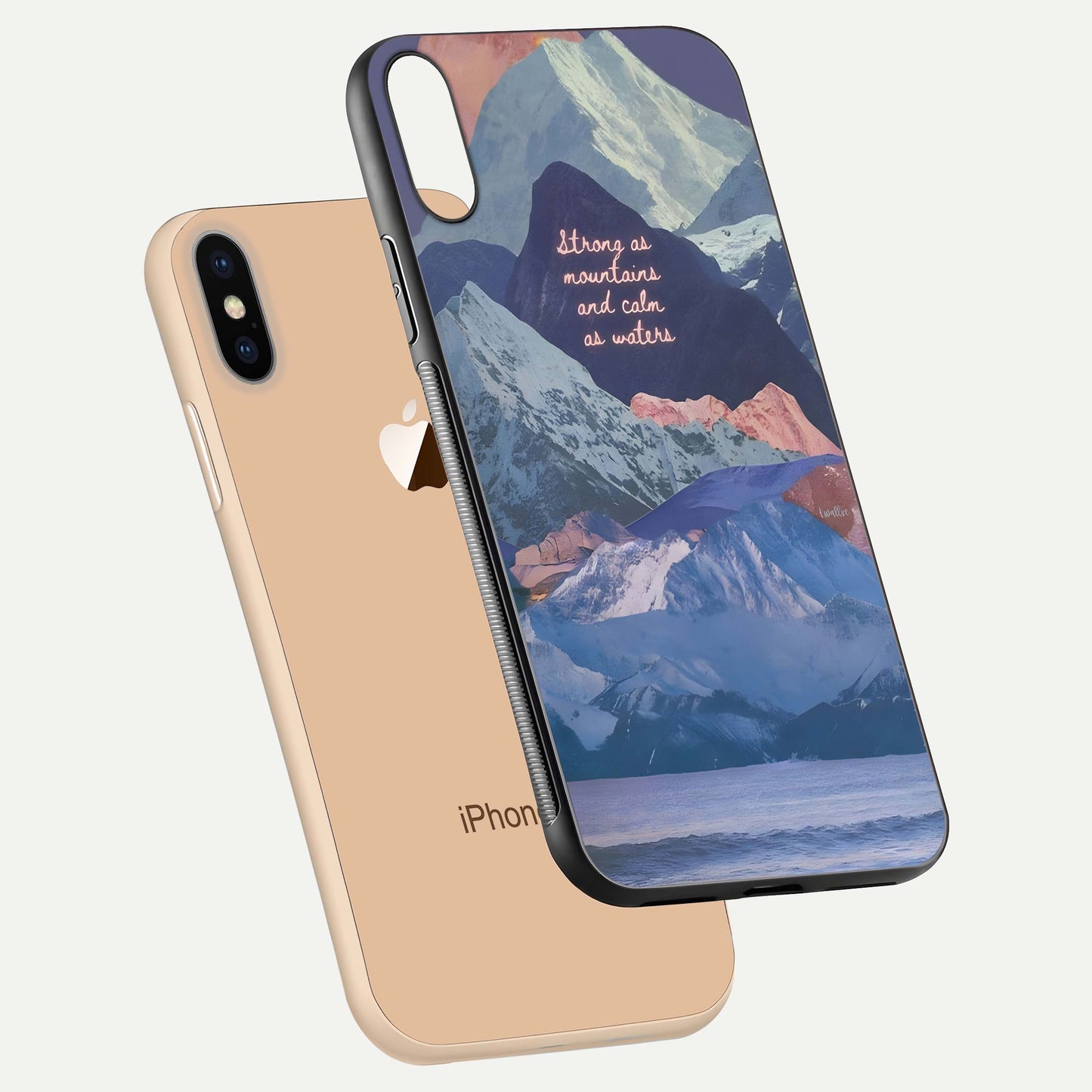 Celestial Mountain Calm Glass Case for iPhone Xs Max floating mockup showing glow depth and polished edges