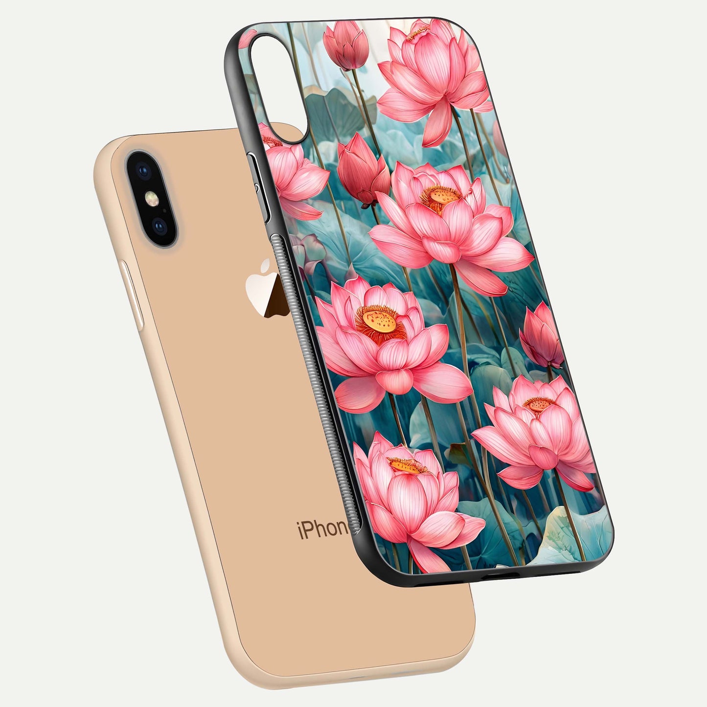 Celestial Pink Lotus Glass Case for iPhone Xs Max floating mockup displaying cosmic tone and gloss surface