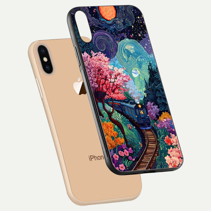 Celestial Train Journey Glass Case for iPhone Xs Max floating mockup capturing gloss reflection and deep night hues