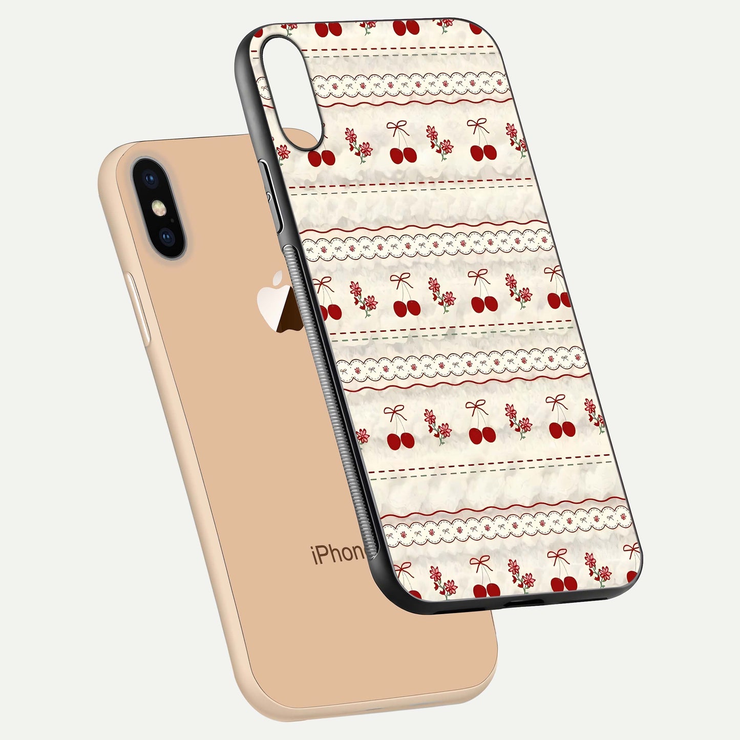 Cherry Bloom Charm Glass Case for iPhone Xs Max floating mockup showing bloom texture and polished gloss