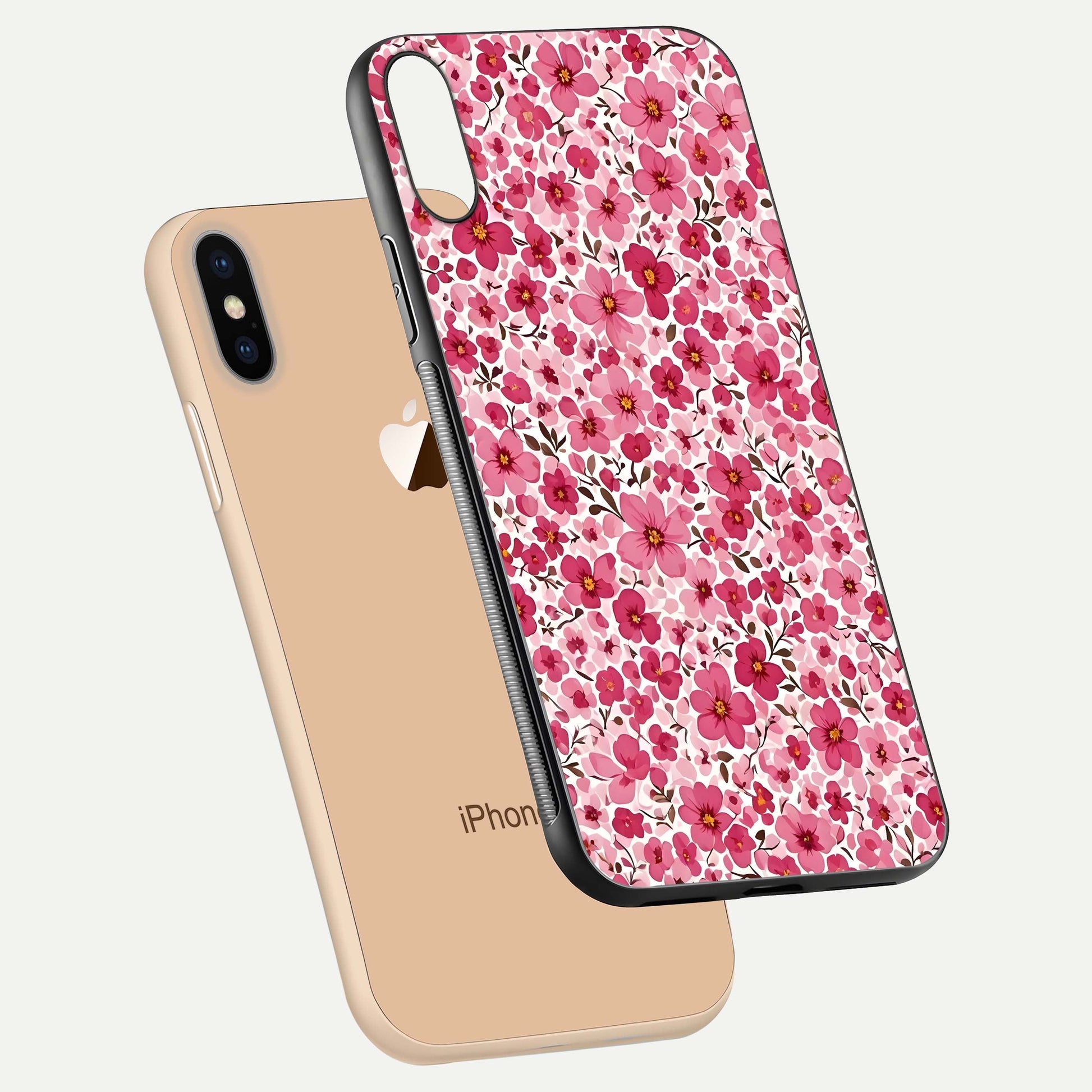 Cherry Blossom Charm Glass Case for iPhone Xs Max floating mockup displaying pink tone flow and polished edges