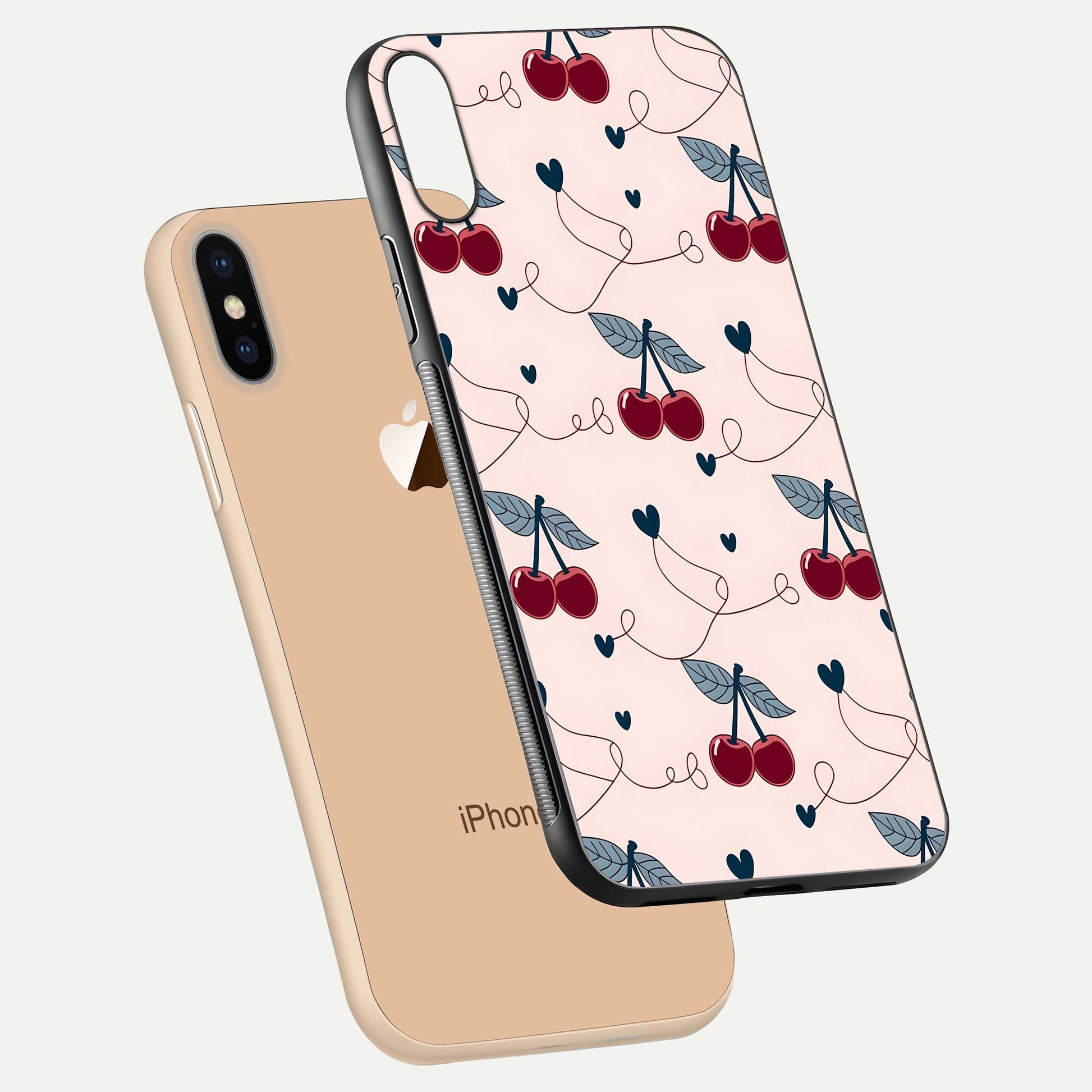 Cherry Heart Line Glass Case for iPhone Xs Max floating mockup showing gloss polish and bright tones