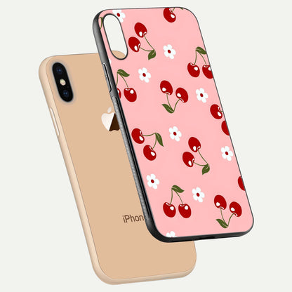 Cherry Love Mood Glass Case for iPhone Xs Max floating mockup showing HD gloss reflection and red tones