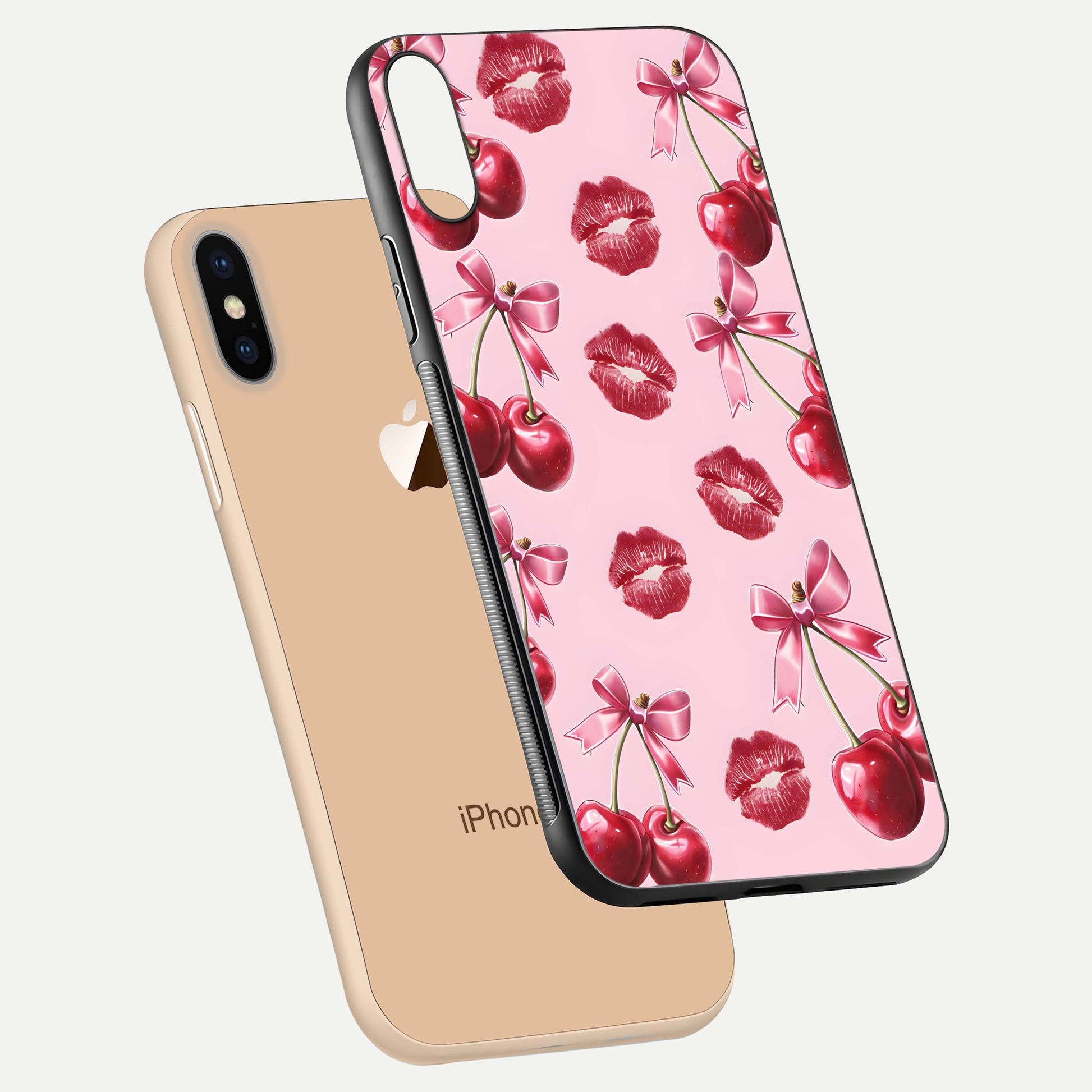 Cherry With Lips Glass Case for iPhone Xs Max floating mockup showing HD gloss and pop-art inspired tones