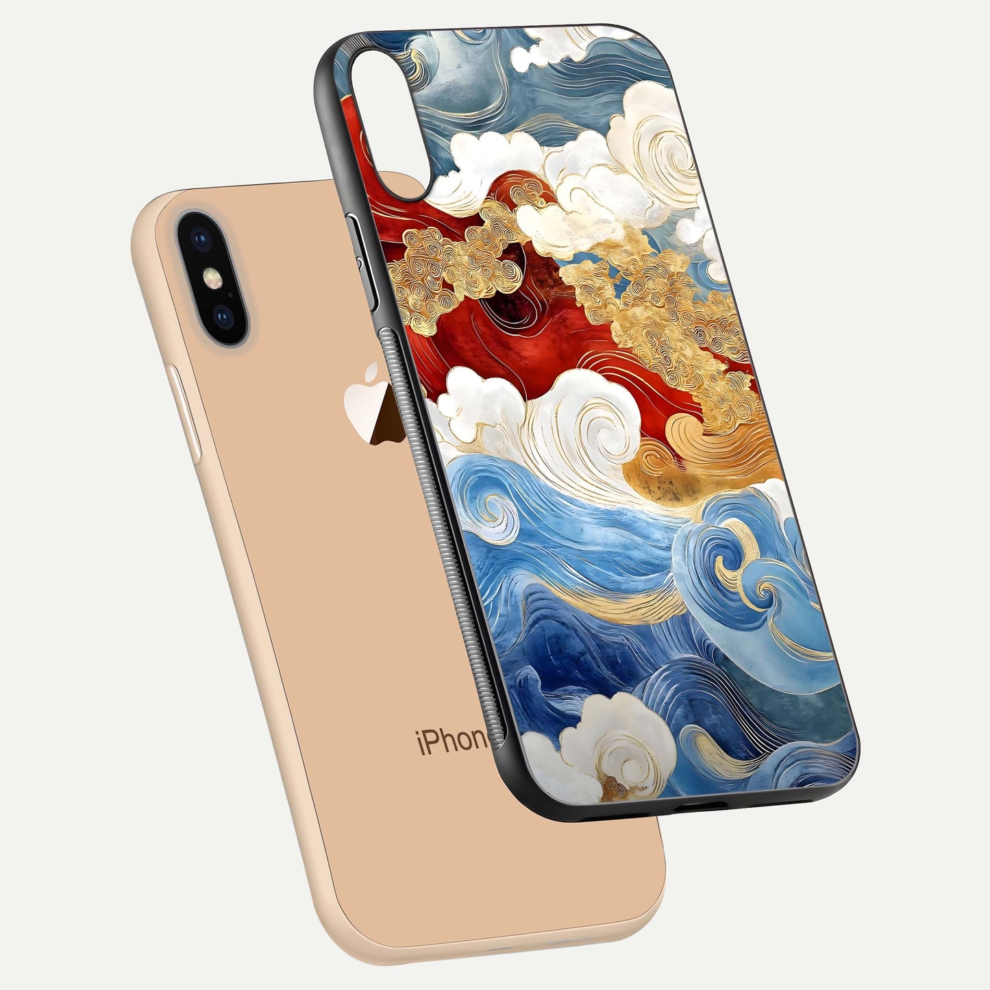 Colored Waves Glass Case for iPhone Xs Max floating dual-view mockup displaying gloss finish and color contrast