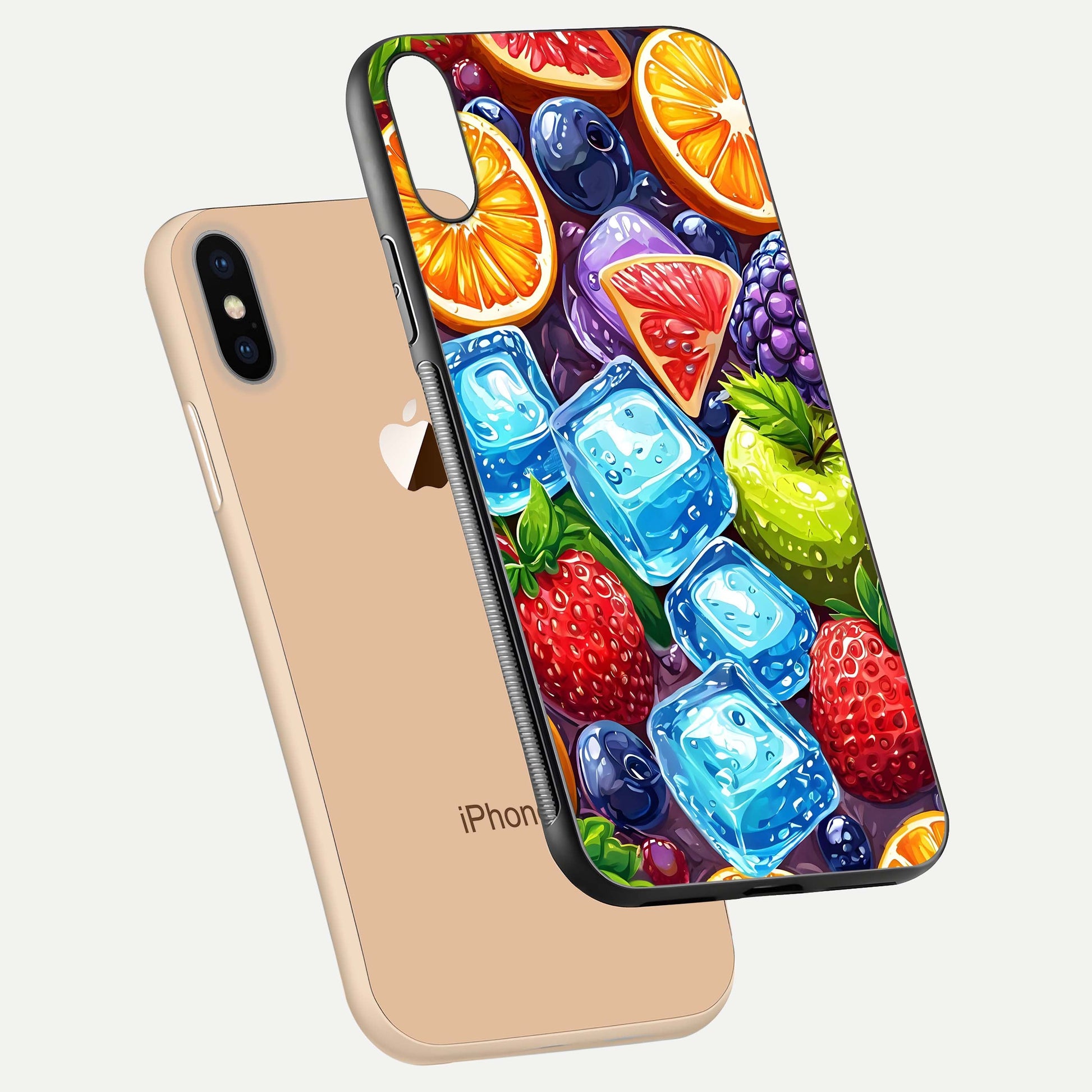 Colorful Fruits with Ice Glass Case for iPhone Xs Max floating mockup showing bright shine and crystal clarity