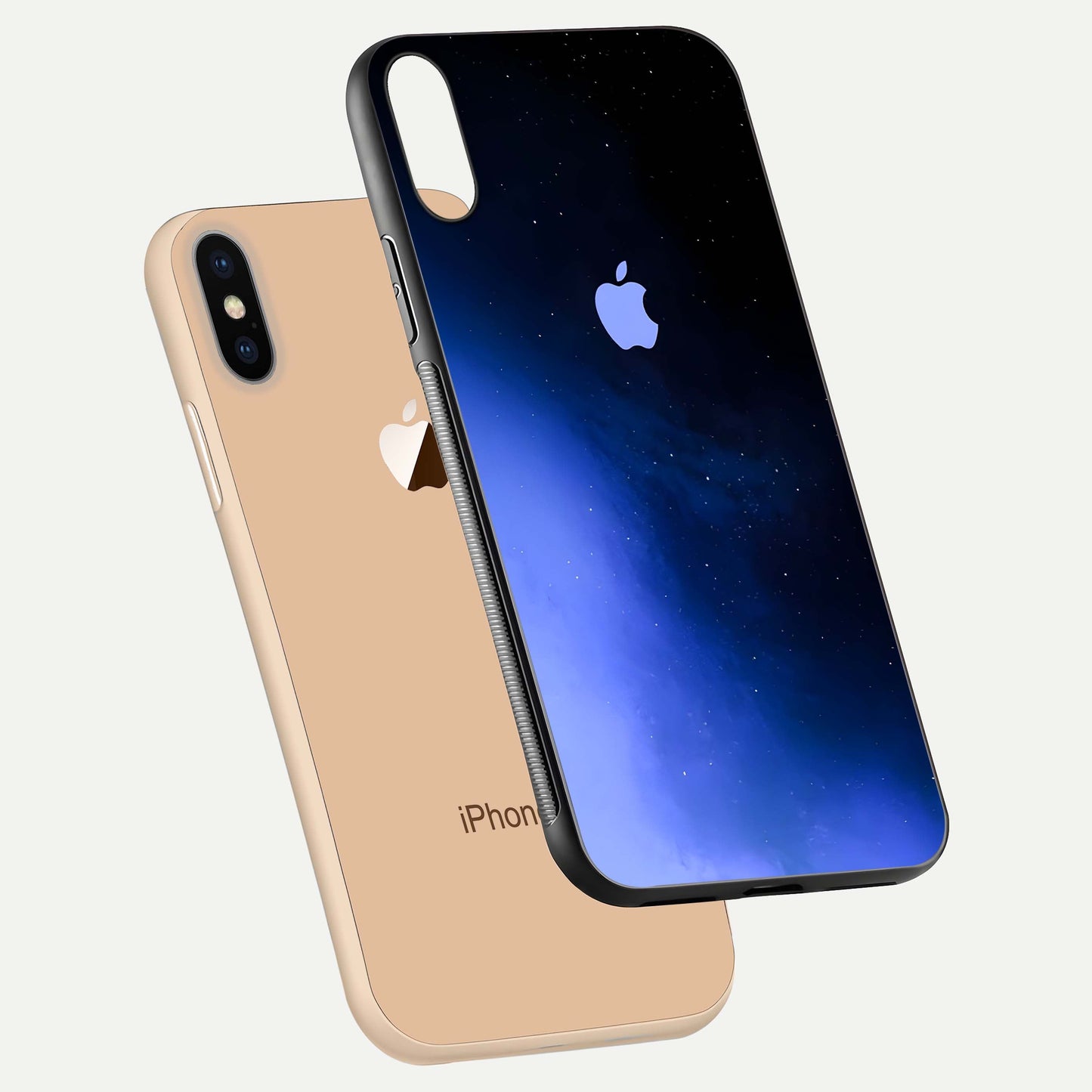 Cosmic Blue Apple Glass Case for iPhone Xs Max floating mockup showing HD gloss and deep space gradient