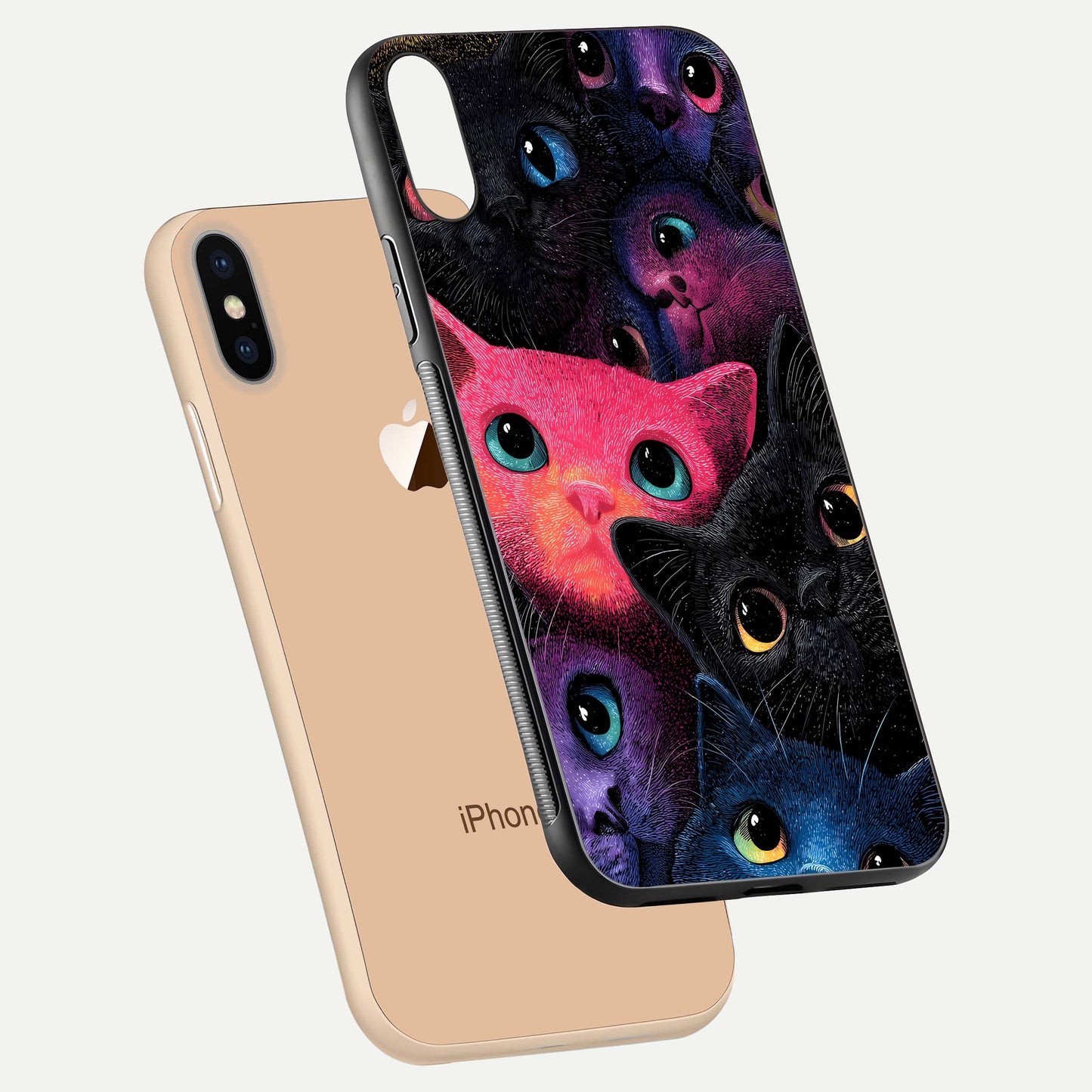 Cosmic Cats Dreams Glass Case for iPhone Xs Max floating mockup showing star details and polish reflection