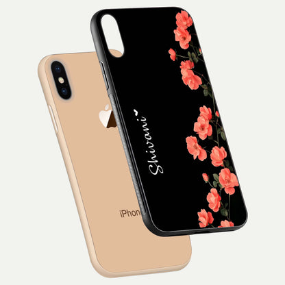 Crimson Bloom Grace Custom Name Glass Case for iPhone Xs Max floating mockup showing HD gloss and floral tones