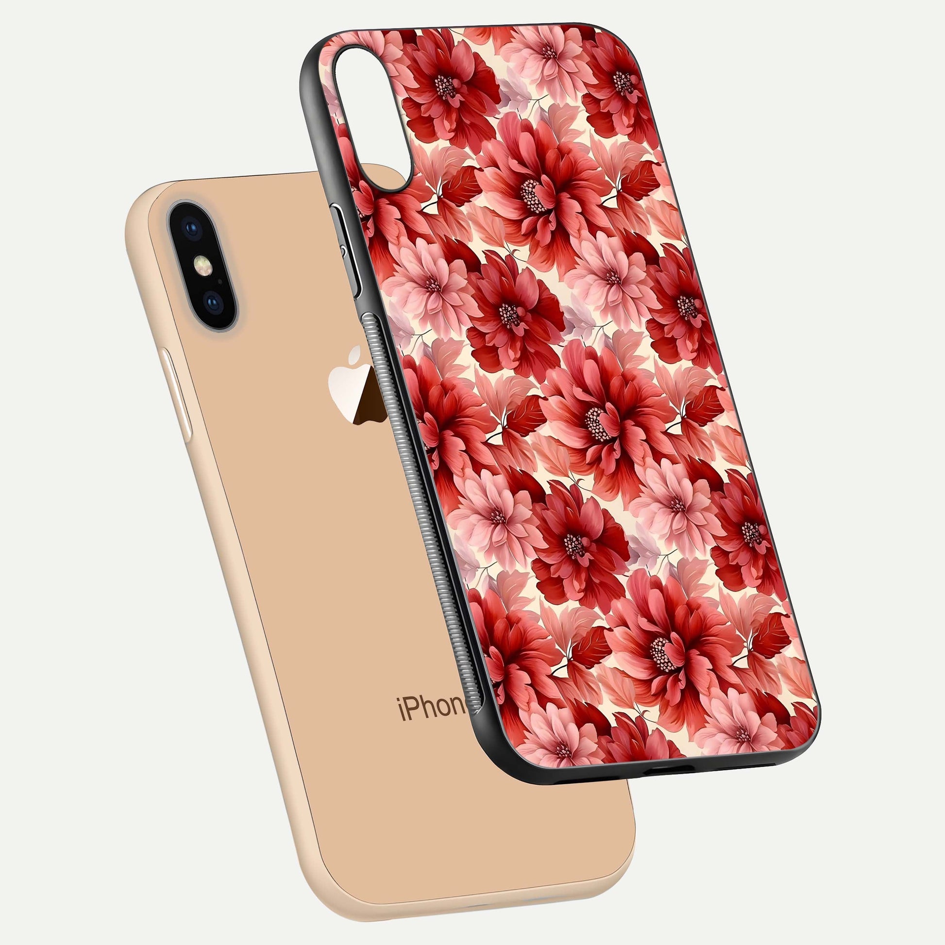 Crimson Love Petals Glass Case for iPhone Xs Max floating mockup showing HD gloss and vivid detail