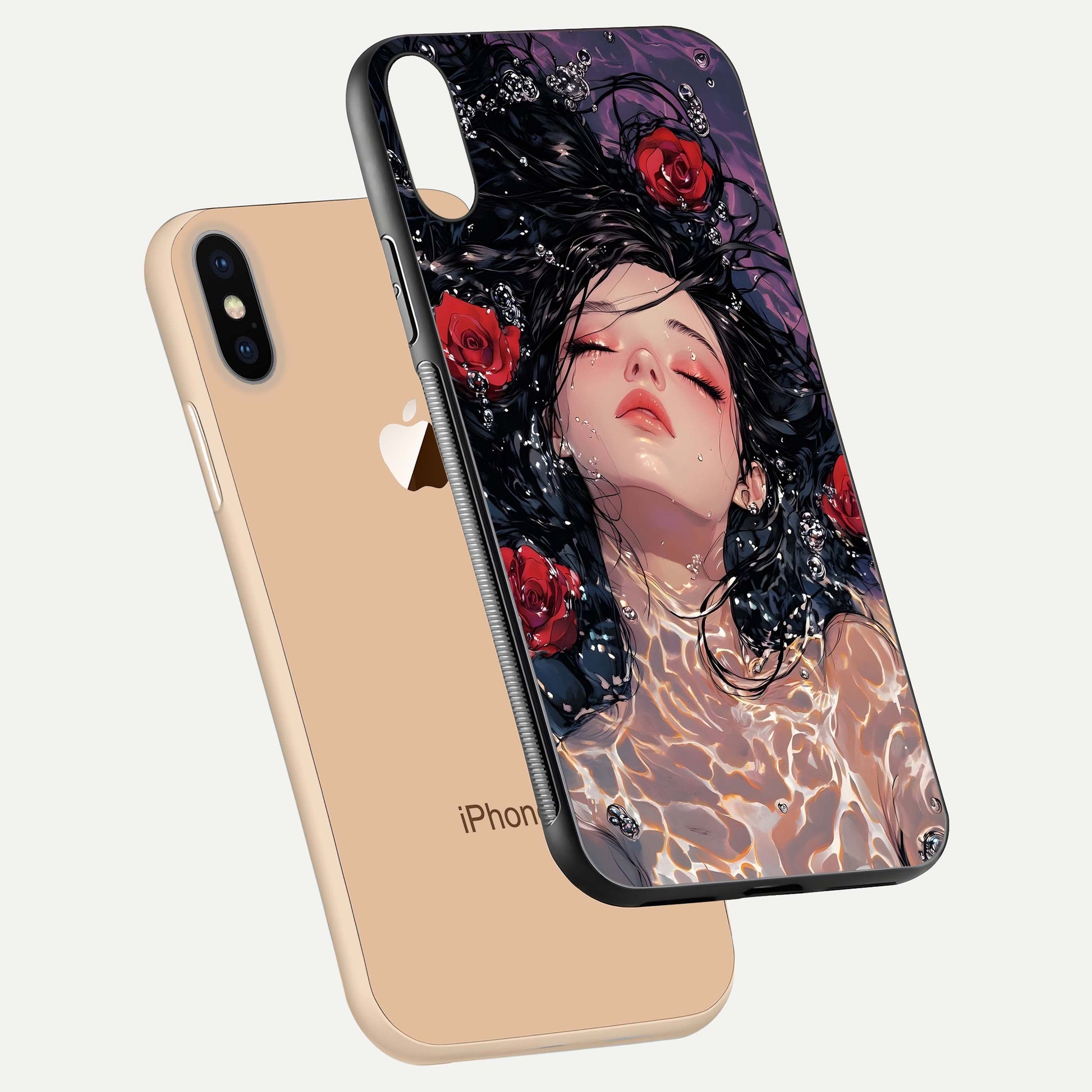 Crimson Rose Serenity Glass Case for iPhone Xs Max floating mockup showing HD gloss and floral texture