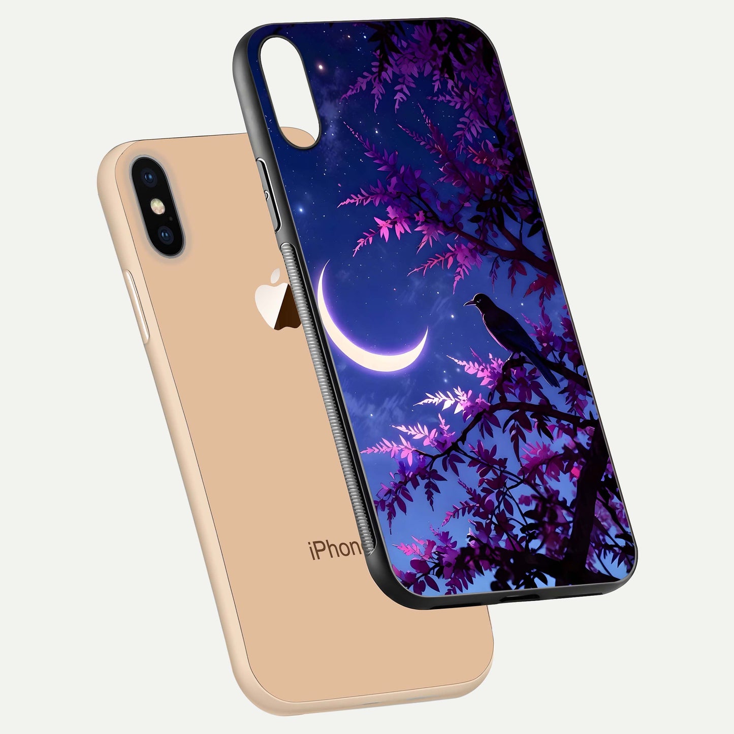 Crow & Moon Scenery Glass Case for iPhone Xs Max floating mockup showing HD gloss texture and soft moonlight glow