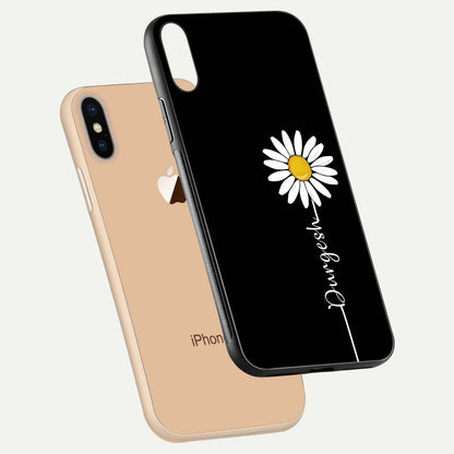 Custom Name White Flower Glass Case for iPhone Xs Max floating mockup displaying HD gloss and delicate texture